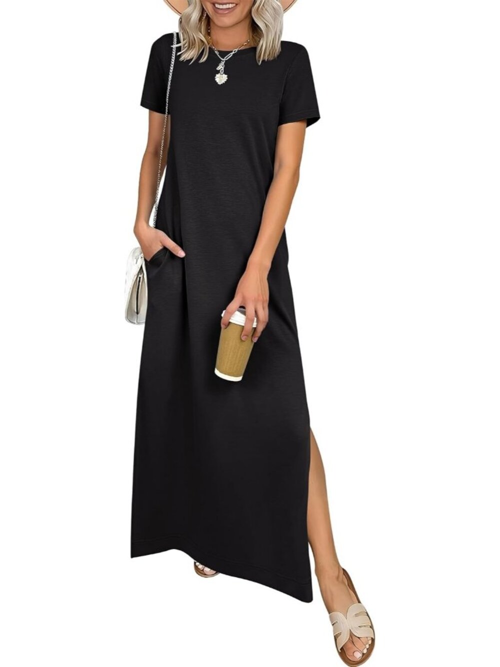 Women's Black Crewneck Summer Casual Maxi Dress Short Sleeve Split Long Sundress
